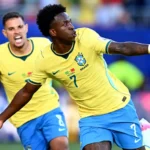 Vinicius Junior celebrates after scoring Brazil’s equaliser against Morocco in the World Cup 2026 opener