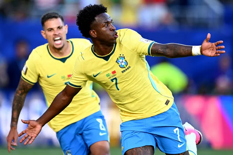 Vinicius Junior celebrates after scoring Brazil’s equaliser against Morocco in the World Cup 2026 opener