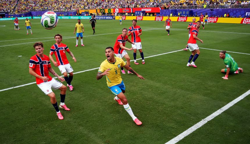 Brazil's Bruno Guimaraes reacts after Norway's Orjan Nyland stops a cross during the match on Sunday.