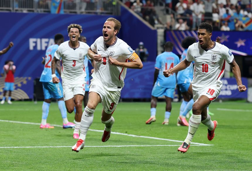 Harry Kane celebrates scoring his team's first goal during the match against the Democratic Republic of the Congo.